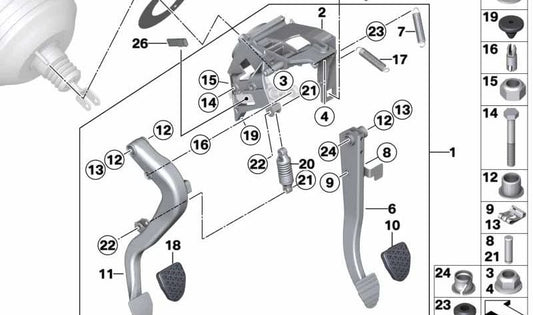 Pedal de embrague OEM 35006878301 para BMW E81, E82, E87, E88, F20, F21, F22, F23, F87, E90, E91, E92, E93, F30, F31, F34, F80, F32, F33, F36, F82, F83, E84. Original BMW.