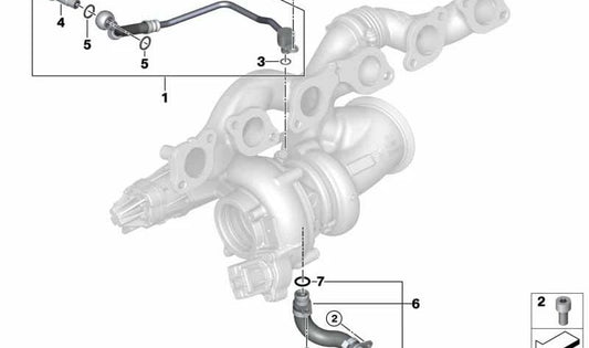 Tubo de retorno de aceite del turbo OEM 11428654389 para BMW G12, G12N (cilindros 7-12). Original BMW.