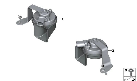 Acute horn (Fanfare Hochton) OEM 61339852386 for BMW F20, F21, F22, F23, F30, F31, F32, F33, F34, F36, F10, F11, F07, F12, F13, G30, G31, G32, G11, G12, X3 G01, X4 G01, X4 G02. Original BMW.
