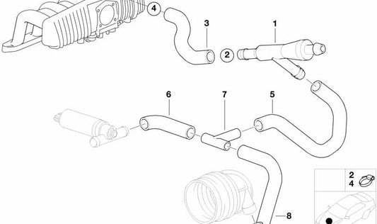 Codo de manguera OEM 11611433280 para BMW E39 520i con motor M52. Modelos compatibles: E39 520i DD21, DD22, DH21, DH22, DM21, DM22, DR21, DR22. Original BMW.