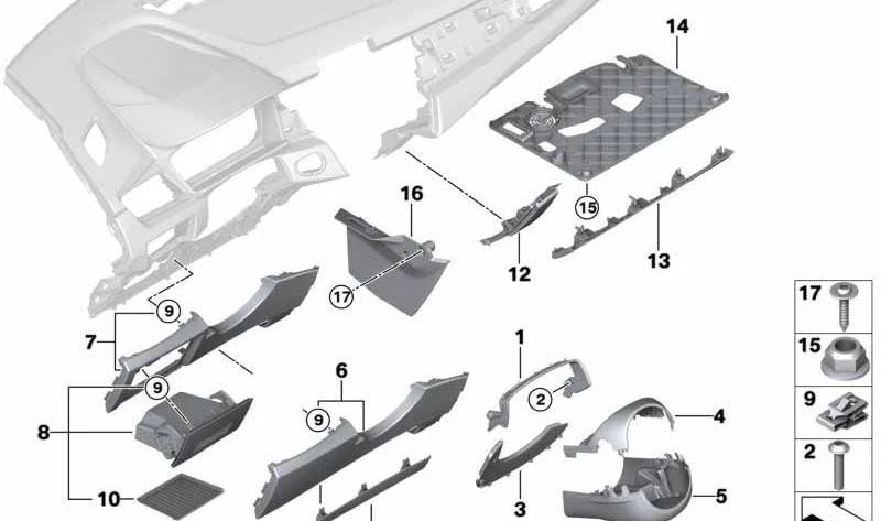 Cubierta inferior del salpicadero lado copiloto OEM 51459314805 para BMW F45, F45N, F46, F46N. Original BMW.