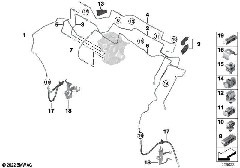 Front left brake hose bracket for BMW G42, G20, G20N, G21, G21N, G28, G28N, G22, G23, G26 (OEM 34306877751). Original BMW.