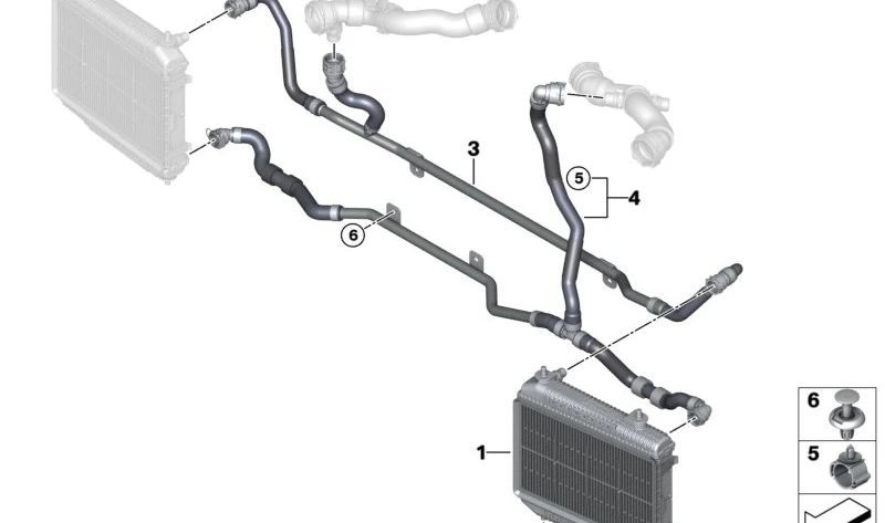 External coolant radiator for BMW 2 Series G87, 3 Series G80, G81, 4 Series G82, G83 (OEM 17118095285). Original BMW