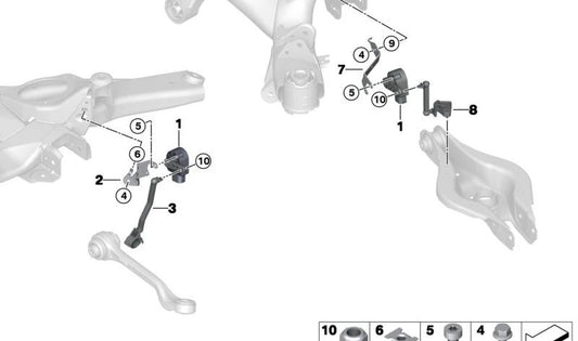 Soporte sensor de altura delantero izquierdo OEM 37146878575 para BMW G20, G20N, G21, G21N, G28, G28N, G22, G22N, G23, G23N, G26, G26N, G42. Original BMW.