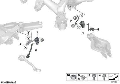 Soporte sensor nivelación trasero para BMW F20, F21, F22, F23, G42, F30, F31, F34, F35, G20, G21, G28, F32, F33, F36, G22, G23, G26, G29 (OEM 37146888955). Original BMW