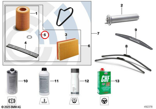 Kit di servizio olio OEM 88002167227 per MINI One D R50 RB11, RB12 2003-2006, include filtro olio, microfiltro e anello di tenuta. Originale MINI.