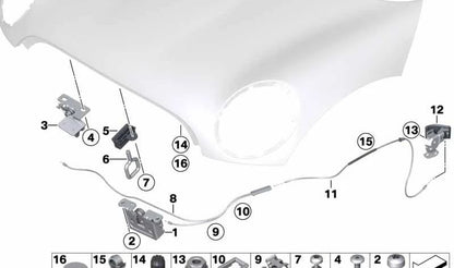 Cierre delantero OEM 51237008756 para MINI R55, R56, R57, R58, R59, R60, R61 y BMW E60, E61, E63, E64, E81, E82, E83, E84, E87, E88, E90, E91, E92, E93. Original MINI y BMW.