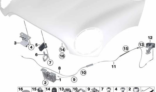 Cable Bowden trasero OEM 51237148865 para MINI R56, R56 LCI, Clubman R55, Cabrio R57, Coupé R58, Roadster R59... y más. Original MINI.