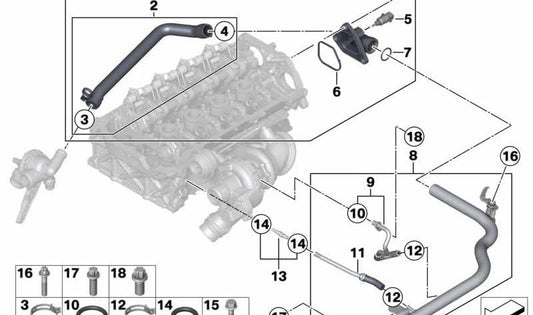 Tubo di refrigerante OEM 11537600594 per BMW F20, F21, F30, F31, F35. BMW originale.