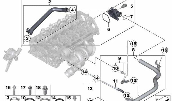Tubo del refrigerante OEM 11537600594 para BMW F20, F21, F30, F31, F35. Original BMW.