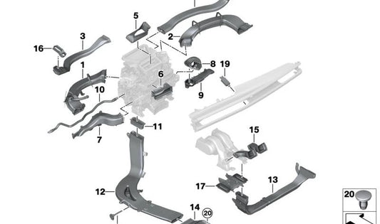 Rear right heater duct for BMW 7 Series G70 (OEM 64225A16BC2). Original BMW.