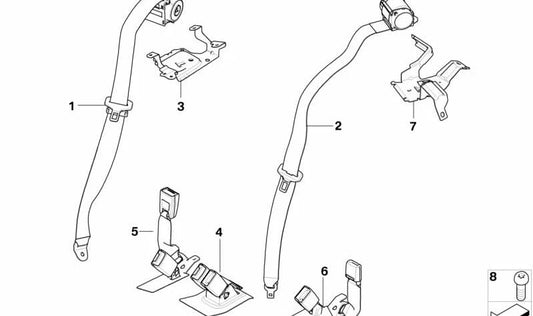 Cinturón trasero central con cierre separable OEM 72112758069 para MINI R55 Cooper {ML31, ML32, ML41, ML42, ZF31, ZF32, ZF41, ZF42, DMN51, DMN52}. Original MINI.