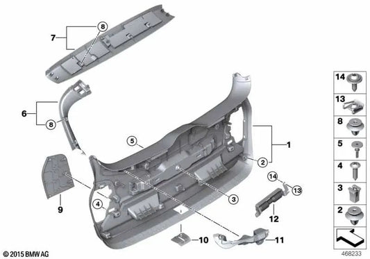 Doublage intérieur supérieur du couvercle arrière pour BMW F46, F46N (OEM 51497402868). BMW d'origine.