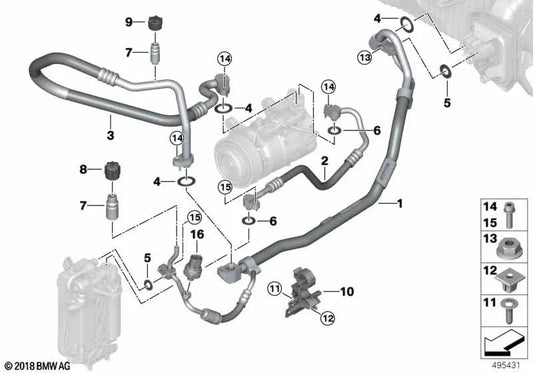 Tubo de pressão do compressor-condensador para BMW G42, G20, G20N, G21, G21N, G28, G28N Série 2, Série 3, Série 4 (OEM 64539395480). BMW original
