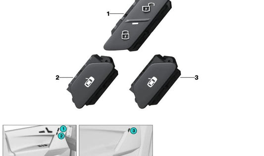 Rear right door release button for BMW I20 (OEM 61315A21BB8). Original BMW.