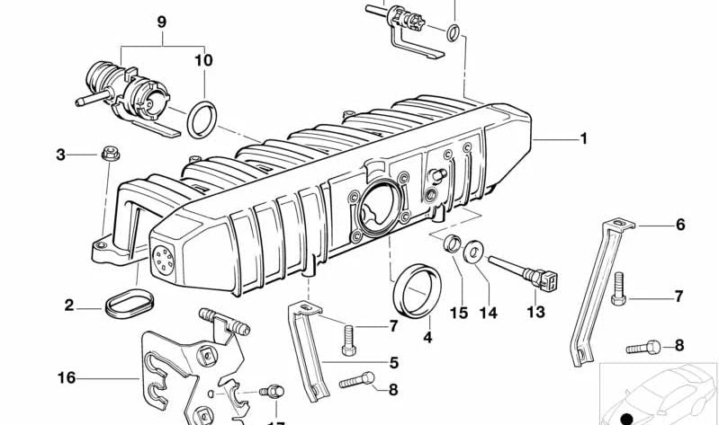 Soporte delantero del equipo de aspiración OEM 11611735265 para BMW Serie 3 E36 320i y Serie 5 E34. Original BMW.