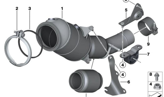 Soporte para catalizador cercano al motor OEM 18207612005 para BMW F10, F11, E84, F25, F26, 520i, 528i. Pieza original BMW.