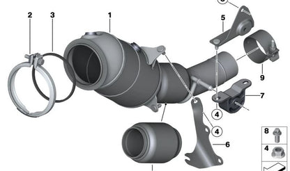 Soporte para catalizador cercano al motor OEM 18307606138 para BMW F20, F21, F22, F23, F30, F31, F34, F32, F33, F36, F07, F10, F11, E84, F25, F26, F15, F16. Original BMW.