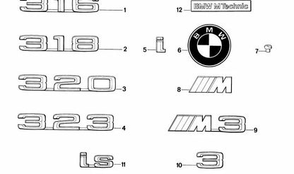 Emblema adhesivo trasero número "3" OEM 51141934619 para BMW E30. Original BMW.