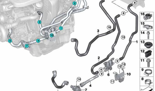 Tubo de retorno del líquido refrigerante OEM 64219253001 para BMW F15 xDrive30d/40d y F16 xDrive30d/40d. Original BMW.