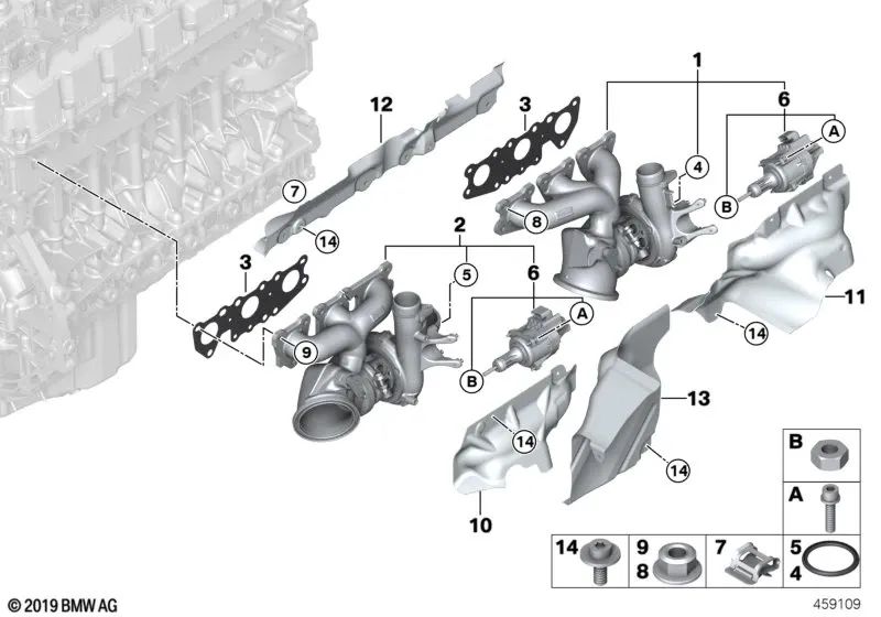 Turbocompresor con colector de escape para BMW F87N, F80, F82, F83 (OEM 11657849650). Original BMW