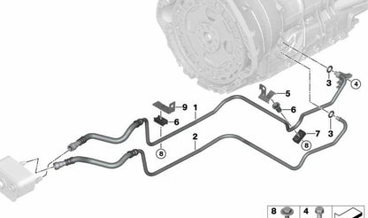 Tubería retorno del enfriador de aceite de la caja de cambios OEM 17227510047 para BMW X5 E53. Original BMW.