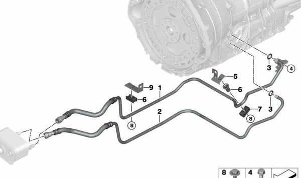 Soporte del tubo del radiador de aceite OEM 17227526071 para BMW E53. Original BMW.