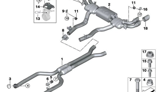 Silencioso delantero con tubos de conexión OEM 18307886020 para BMW X5 F95 y X6 F96. Pieza original BMW.