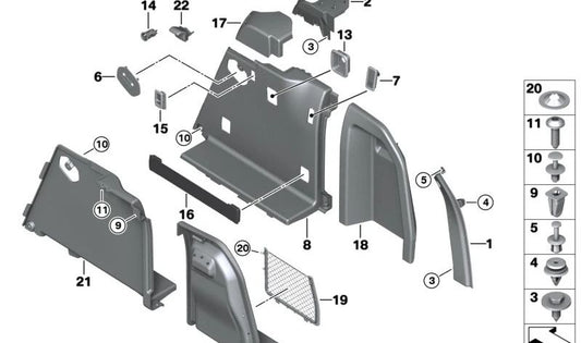 Panel lateral derecho maletero OEM 51476822794 para BMW X3 F25 (todos los modelos: xDrive28i, sDrive18d, sDrive20i). Pieza original BMW.