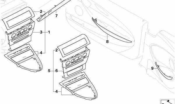 Moldura decorativa puerta delantera derecha OEM 51418028858 para BMW E63, E63N, E64, E64N. Acabado en negro piano. Original BMW.