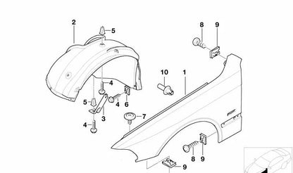 Soporte tapa paso de rueda delantero izquierdo OEM 51718205059 para BMW E39. Original BMW.