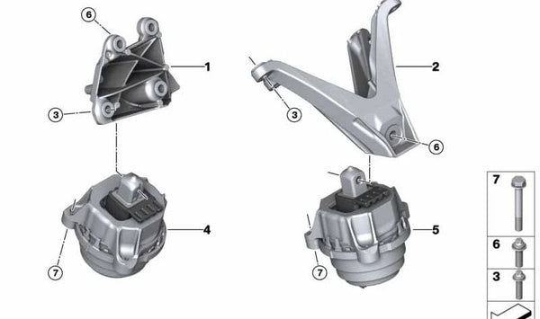 Soporte de motor derecho OEM 22117853648 para BMW M5 F90, M8 F91/F92/F93, X5 M F95, X6 M F96. Original BMW.