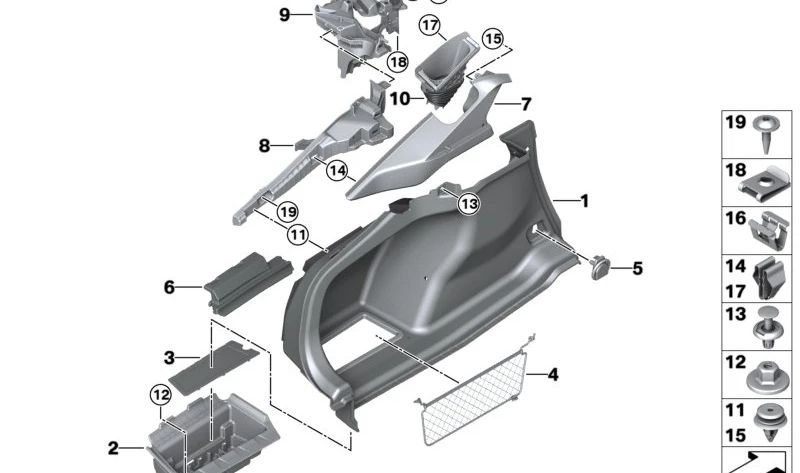 Bandeja de almacenamiento revestimiento maletero izquierdo OEM 51479893879 para BMW G26. Original BMW.