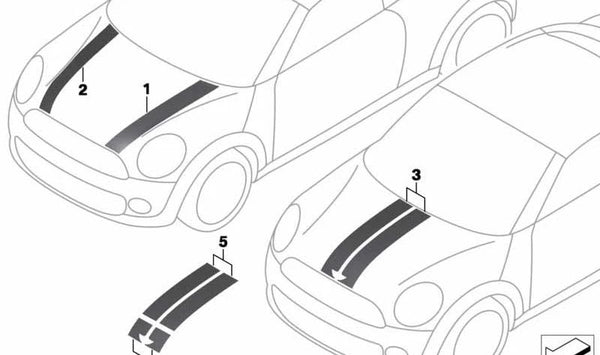 Vinilo decorativo izquierdo OEM 51147310519 para MINI R55, R56, R57, R58, R59. Adhesivo original para lateral del coche. Original MINI.