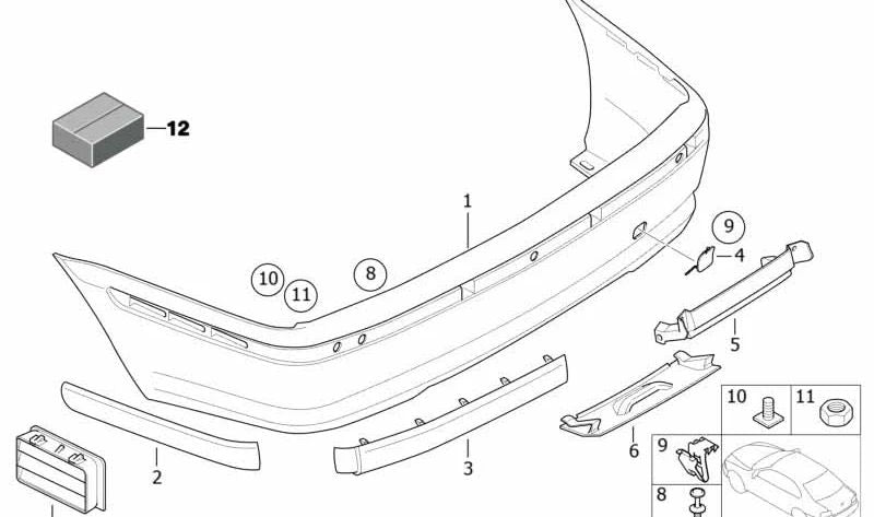 Moldura central paragolpes trasero OEM 51127030605 para BMW Serie 3 E46. Original BMW.
