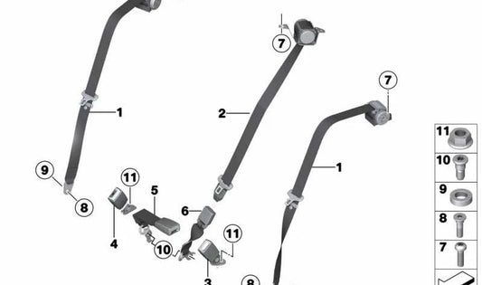 Cinturón de seguridad inferior izquierdo OEM 72119802191 para MINI Countryman R60, Cooper ZB31, ZB32, ZB41, ZB42, ALL4 XD81, XD82... y más. Original MINI.