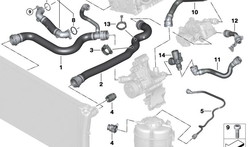 Cylinder Head Pipe-Expansion Tank for BMW G42, G20, G21, G28, G22, G23, G26 (OEM 17128654868). Original BMW