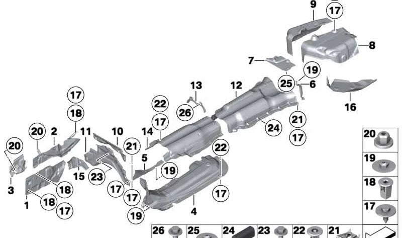 Aislante térmico para túnel central OEM 51487202857 para BMW F07 (520d, 528i, 530d) con cambio automático y tracción trasera. Original BMW.