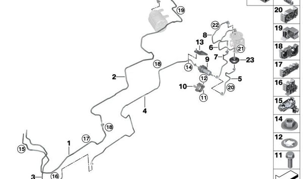 Tubería de combustible de alimentación trasera OEM 16129486359 para BMW G05, G07. Original BMW.