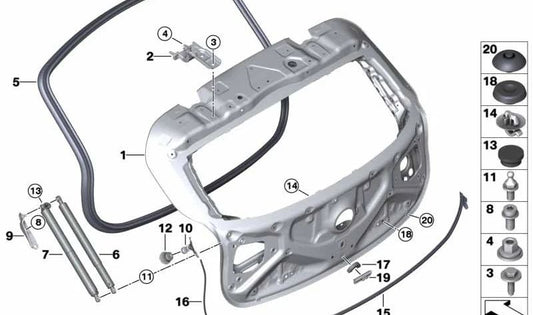 Soporte izquierdo del portón trasero OEM 51247471635 para BMW X2 F39 (todos los modelos compatibles). Original BMW.