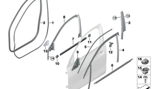 Cubierta marco ventanilla puerta delantera derecha OEM 51339873236 para BMW F40, F70. Original BMW.