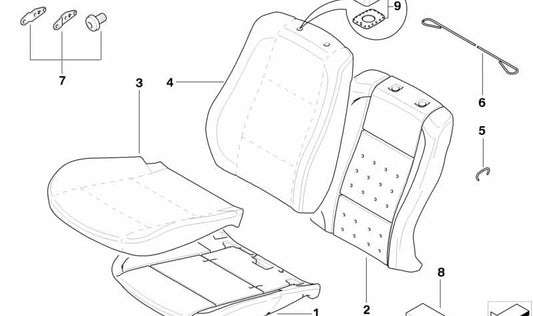 Funda de asiento de cuero OEM 52103454257 para BMW X3 {E83} (modelos 1.8d, 2.0d, 2.0i). Color negro. Pieza original BMW.