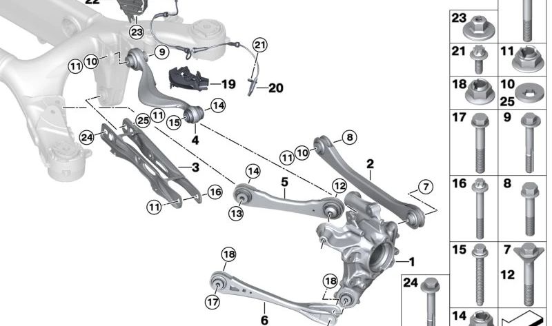 Brazo de suspensión trasero izquierdo con silentblock OEM 33308073973 para BMW F90, F91, F92, F93. Original BMW.