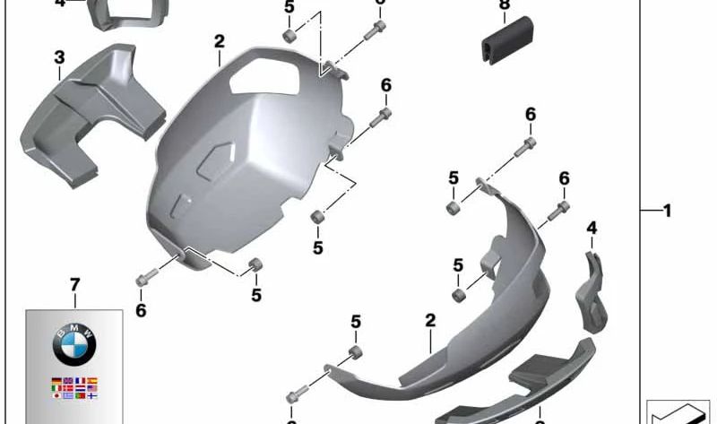Oben links Stoßstange OEM 11127717581 für BMW R neun Motorräder, R Ninenet Pure, R Ninenet Scrambler, R 1200 GS, R 1200 GS Adventure, R 1200 RT, R 1200 R, R Ninenet Racer, R Ninenet Urban G/S. Originaler BMW Motorrad.