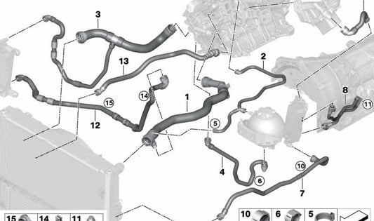 Manguera de refrigerante OEM 17128605434 para BMW F20, F21, F22, F23, F30, F31, F36. Original BMW.