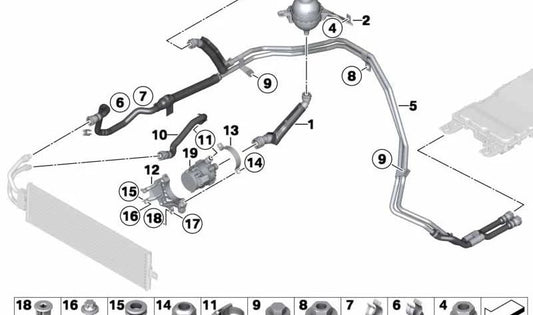 Manguera de refrigerante OEM 17127605315 para BMW F30, F31, F32, F33, F34, F36, F80. Original BMW.