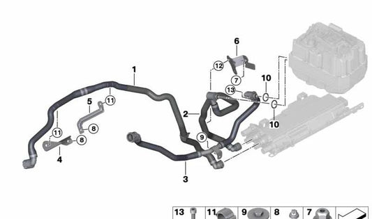 Tubo de refrigerante hacia radiador OEM 17128602621 para BMW G30, G11, G12, 530e, 530e xDrive. Compatible con motores híbridos. Original BMW.