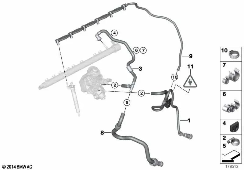 Tubo de retorno de combustível para BMW F30N, F31N, F34, F34N, F32, F32N, F33, F33N, F36, F36N, F07, F10, F11, F06, F12, F13, F01N, F25, F26, F15, F16 (OEM 13537823401). BMW original