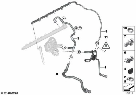 Tubo de retorno de combustível para BMW F30N, F31N, F34, F34N, F32, F32N, F33, F33N, F36, F36N, F07, F10, F11, F06, F12, F13, F01N, F25, F26, F15, F16 (OEM 13537823401). BMW original