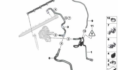 Tubo de retorno de combustible OEM 13537823398 para BMW X3 F25 xDrive30d/xDrive35d y X4 F26 xDrive30d/xDrive35d. Compatible con motores N57T y N57Z. Original BMW.